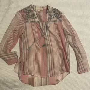 LOVESTITCH Bohemian Hippie Stripe Embroidered Tie Neck Cotton Gauze Top Sz M